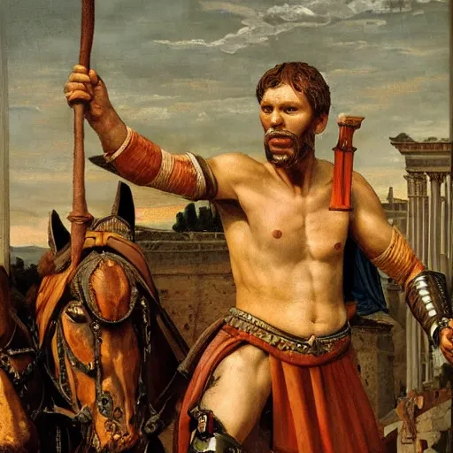 Image similar to Jerma985 in Ancient Rome, detailed, highly detailed, heroic, epic, complex, very detailed, realistic, HD quality, 8k resolution, body and headshot, Oil Painting, Italian Renaissance Painting of Jerma985, Italian Renaissance Painting Style, Renaissance Painting Style, Painting, Trending on Artstation