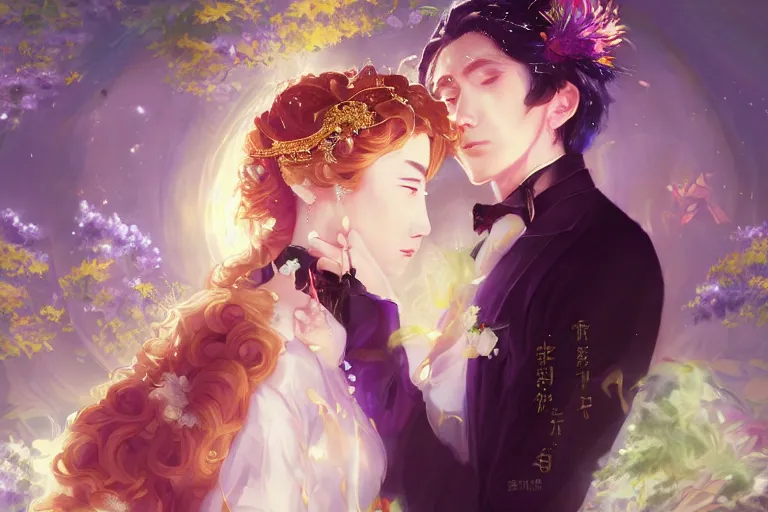 Image similar to a cinematic portrait of wedding photograph jpeg close up moment of a divine a japan sun god and moon goddess lovers magician at a wedding banquet. portraiture. digital painting. artstation. concept art. wedding photo. digital painting. violet evergarden art masterpiece by art by krenz cushart