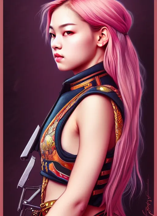 Image similar to jossi of blackpink, female soldier, tarot card, highly detailed, digital painting, smooth, sharp focus, illustration, ultra realistic, 8 k, art by artgerm and alphonse mucha