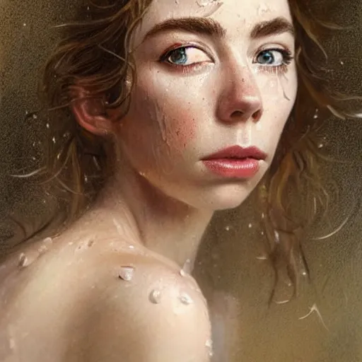 Prompt: stunning photo of vanessa kirby, dark - haired goddess with tears running down her face,, a beautiful closeup, wet lips, perfect eyes, insanely detailed, elegant, by mucha, wlop, rutkowski, livia prima