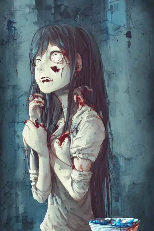 Prompt: urban school zombie girl in tattered clothes eating a bowl of brains fanart ,dark blue long hair, muted colors, matte print, pastel colors, ornate, digital art, cute smile, digital painting, fan art, elegant, pixiv, by Ilya Kuvshinov, by Studio Ghibli