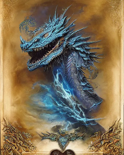 Image similar to a beautiful detailed 3d matte painting of female blue dragon of the dead, by ellen jewett, by tomasz alen kopera, by Justin Gerard, ominous, magical realism, Magic the gathering playing card, texture, intricate, ornate, royally decorated, skull, skeleton, whirling smoke, embers, radiant colors, fantasy, trending on artstation, volumetric lighting, micro details, 3d sculpture, ray tracing, 8k