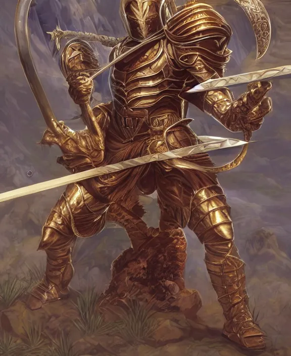 Image similar to final boss archer, fantasy, man, gilded shiny armour, contrast, highly detailed, digital painting, artstation, concept art, wallpaper, smooth, sharp focus, illustration, illumination, art by larry elmore, jeff easley, clyde waldwell, keith parkinson, daniel r horne