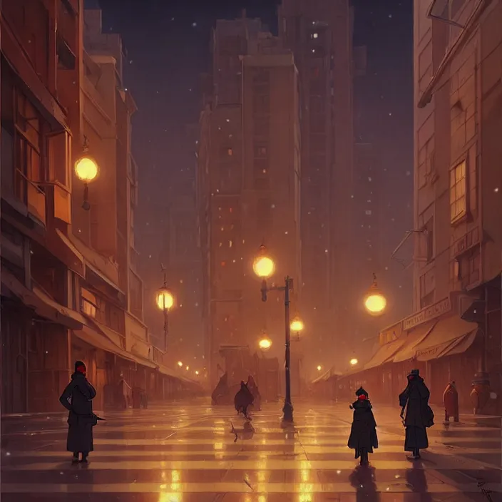 Prompt: empty big city at night, winter, in the style of studio ghibli, j. c. leyendecker, greg rutkowski, artem