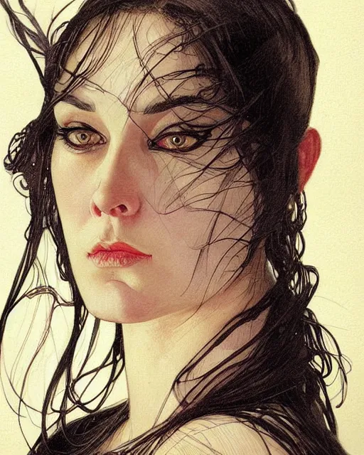 Prompt: portrait of evil a tall 4 0 - year - old woman with thin lips, heavy - lidded eyes, a strong jaw and long, thick shining black hair, thick eyebrows and long eyelashes, wearing in black clothes, hyper realistic face, beautiful eyes, fantasy art, in the style of greg rutkowski, intricate, alphonse mucha, hyper detailed, smooth