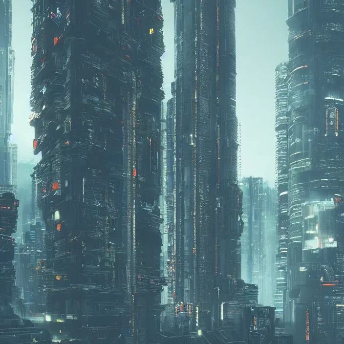 Prompt: a building in a serene landscape, cyberpunk