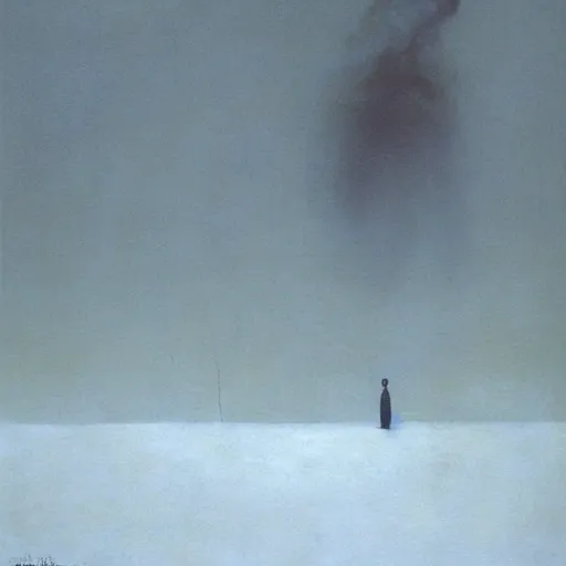 Prompt: a lonely man curled up with black smoke coming out of him, on a white snowy post apocalyptic field, painting by beksinski