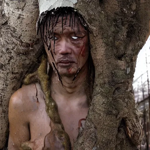 Image similar to The art installation shows a man caught in a storm, buffeted by wind and rain. He clings to a tree for support, but the tree is bent nearly double by the force of the storm. The man's clothing is soaked through and his hair is plastered to his head. His face is contorted with fear and effort. wabi-sabi, coloring-in sheet by William Steig lush