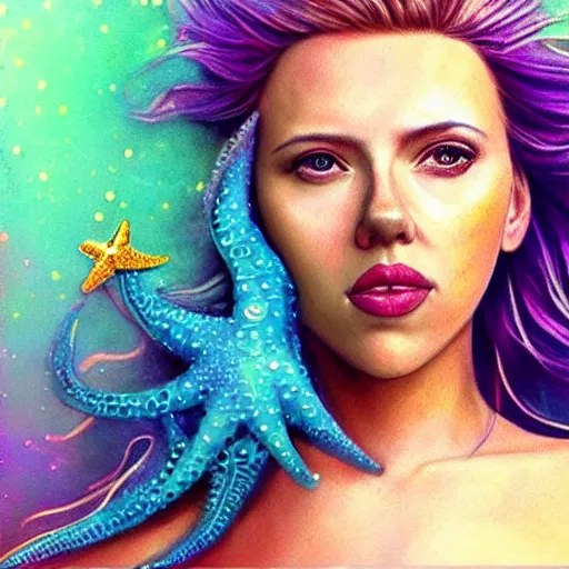 Prompt: “Scarlett Johansson portrait, fantasy, mermaid, cartoon, pearls, glowing hair, shells, gills, crown, water, highlights, starfish, goddess jewelry, realistic, digital art, pastel, magic, fiction, ocean, game, Queen, colorful hair, sparkly eyes”