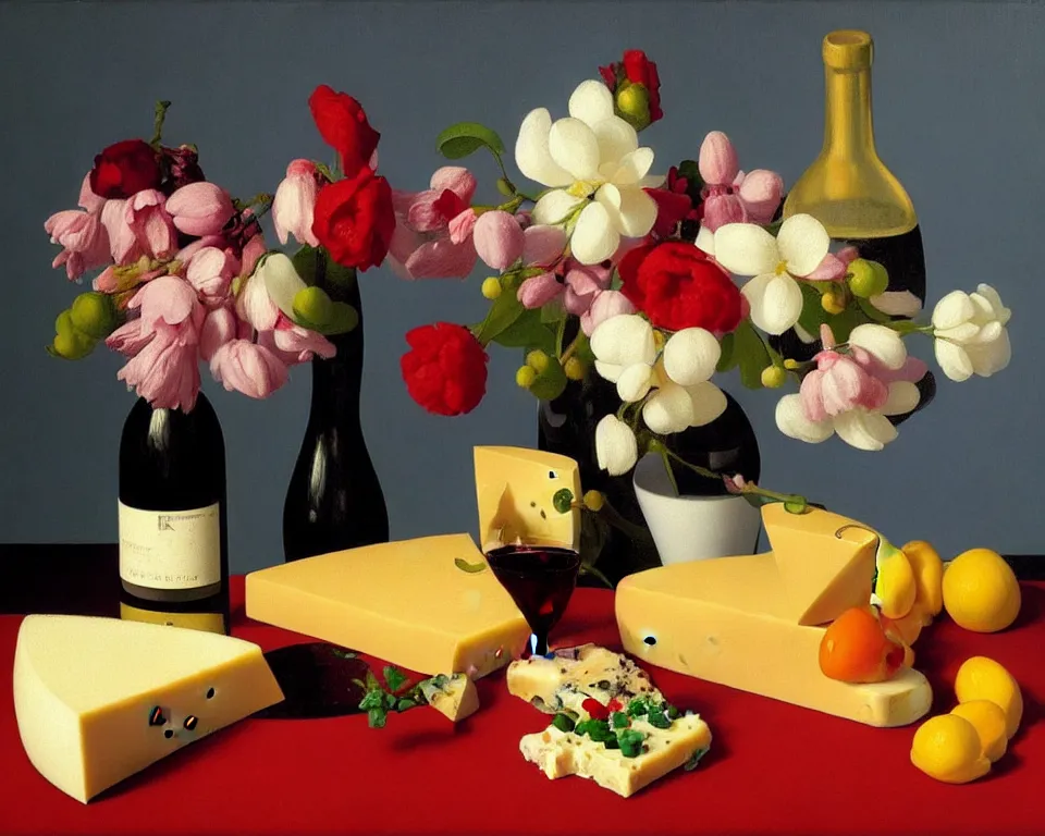 Prompt: an achingly beautiful still life featuring blooming flowers, cheese, red wine, and miniatures by Raphael, Hopper, and Rene Magritte. detailed, romantic, studio lighting, enchanting, trending on artstation.