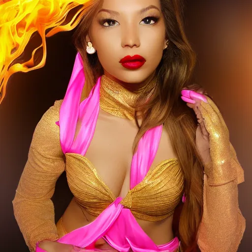 Prompt: seductive goddess of sensuality majestically ascending in gold and white filagree into fiery pink clouds of yoni