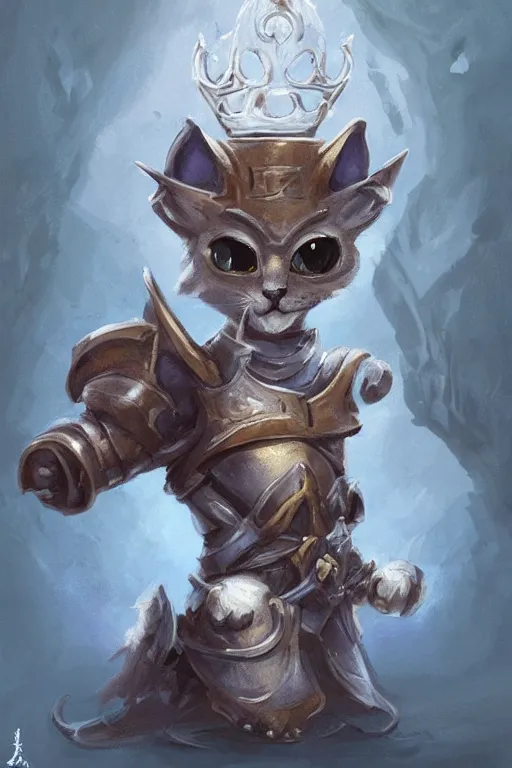 Image similar to cute little anthropomorphic cat knight wearing a cape and a crown, tiny, small, miniature cat , baby animal, short, pale blue armor, cute and adorable, pretty, beautiful, DnD character art portrait, matte fantasy painting, DeviantArt Artstation, by Jason Felix by Steve Argyle by Tyler Jacobson by Peter Mohrbacher, cinematic lighting