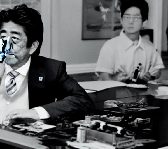 Image similar to a film still of shinzo abe in back to the future