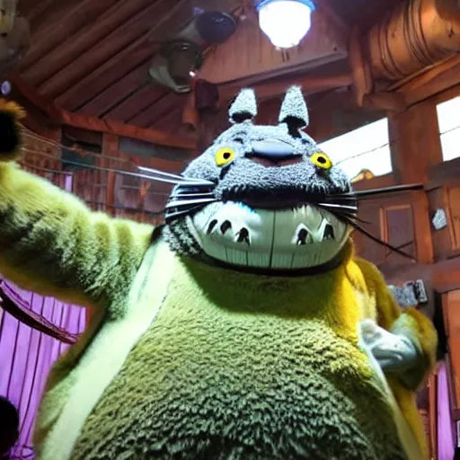 Prompt: photo of a totoro animatronic as part of disney's pirate ride