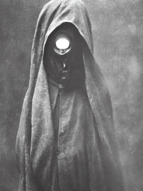 Image similar to portrait of faceless grim reaper with covered face and bright glowing eyes, ww1 photo, grainy, high detail, high resolution,