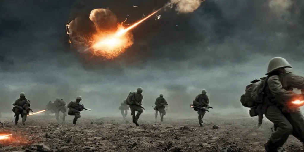 Prompt: A still from a movie of WWII soldiers retreating from an alien orbital bombardment by Roger Deakins. highly detailed, cinematic lighting, 4k