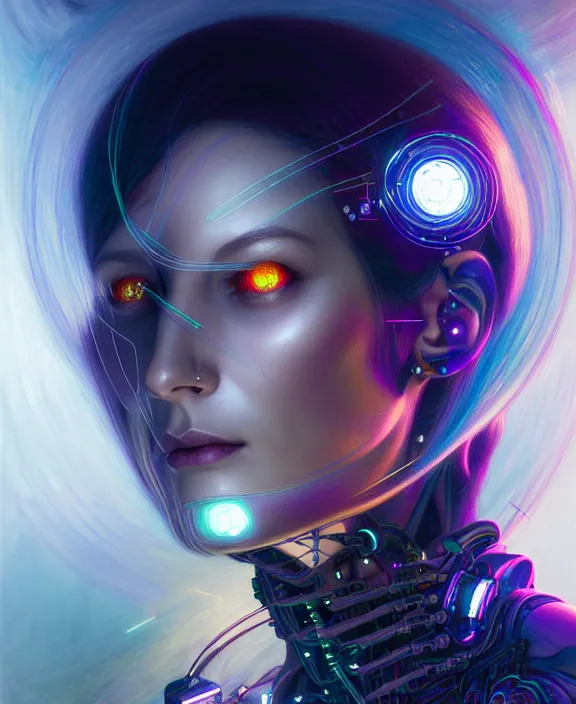 Image similar to a whirlwind of souls rushing inside the metaverse, hologram, half body, neurochip, shaved temple, piercing, jewelry, android, cyborg, cyberpunk face, by loish, d & d, fantasy, intricate, elegant, highly detailed, colorful, digital painting, artstation, concept art, art by artgerm and greg rutkowski and alphonse mucha