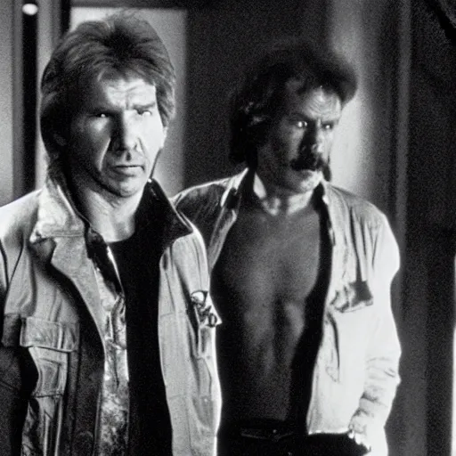 Prompt: movie still, 1 9 8 0 s, harrison ford and john carpenter talking, sci - fi corridor in the background, photorealistic, hyperdetailed, by ridley scott and john carpenter, blue leds