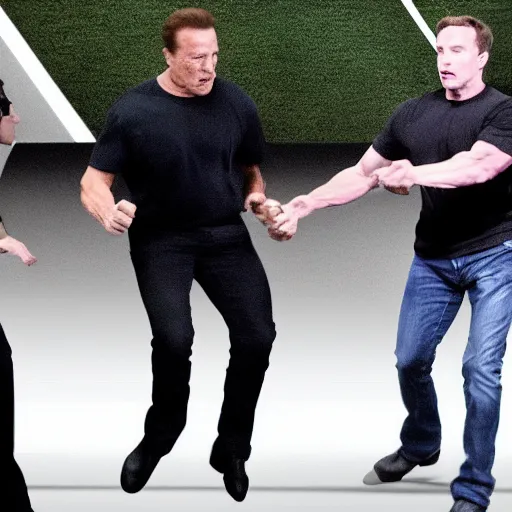 Image similar to high definition snapshot of arnold schwarzenegger kicking the crap out of elon musk & mark zuckerberg