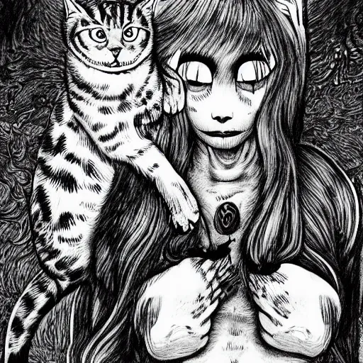 Image similar to black and white illustration creative design, cat, junji ito, body horror