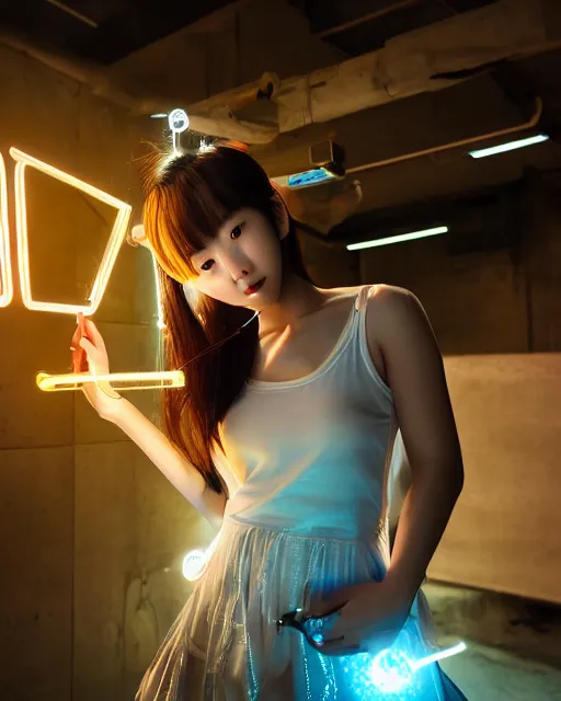 Image similar to beautiful centered photo of korean girl as a solarpunk cyborg with white mechanical parts and implanted bright neon lamps, treading above calm water, ultra - realistic and detailed, sun lit, white background, bokeh, soft focus, slow exposure hdr 8 k