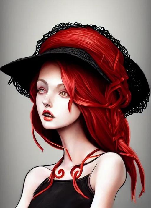 Image similar to a highly detailed illustration of tall beautiful red haired lady wearing black spaghetti strap dress and sun hat, elegant pose, perfect face, perfect body, perfect eyes, intricate, elegant, highly detailed, centered, digital painting, artstation, concept art, smooth, sharp focus, league of legends concept art, wlop.