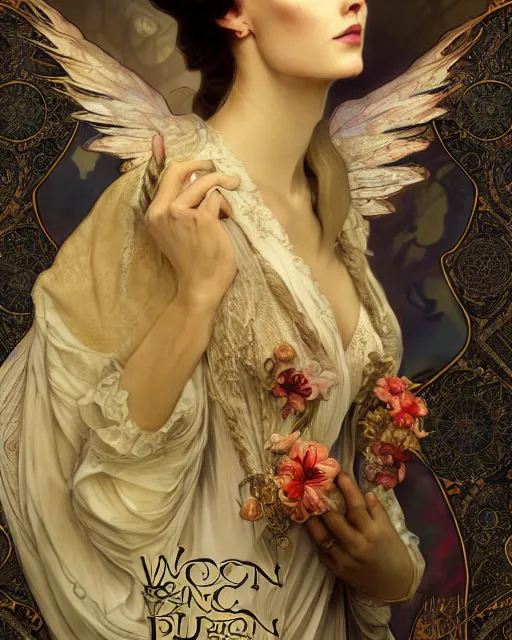 Image similar to wlop and alfons mucha detailed portrait digital rococo painting of a beautiful serious cat wearing fantasy clothing like liliana vess, villainess has black angel wings, evil mood, hellish battlefield in the background, unreal engine, embers flying, hyper realism, realistic shading, cinematic composition, blender render, octane render, ultrawide shot