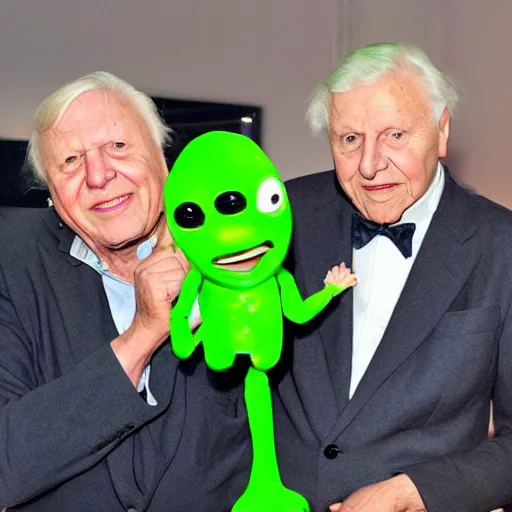 Image similar to Sir David Attenborough with a green alien