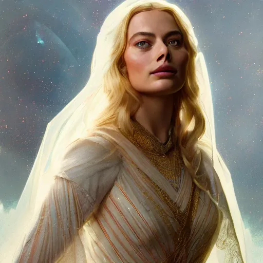 Prompt: margot robbie as galadriel by leonardo divinci, greg rutkowski, alphonse mucha, mystical cosmic lighting, octane render, artstation, rey tracing, golden ratio, rule of thirds, perfect composition