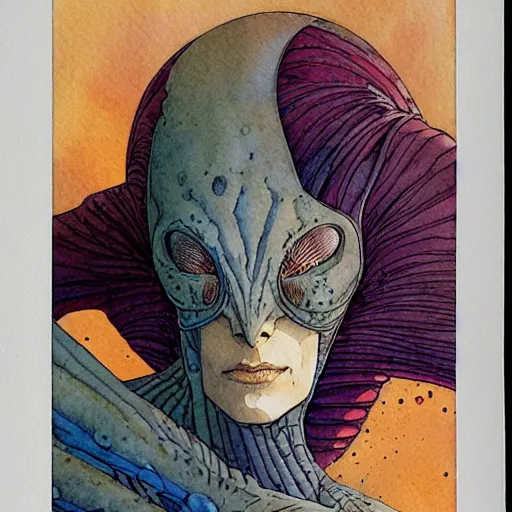 Prompt: a simple and atmospheric watercolour portrait of a pulp sci - fi alien queen, very muted colors, by rebecca guay, michael kaluta, charles vess and jean moebius giraud