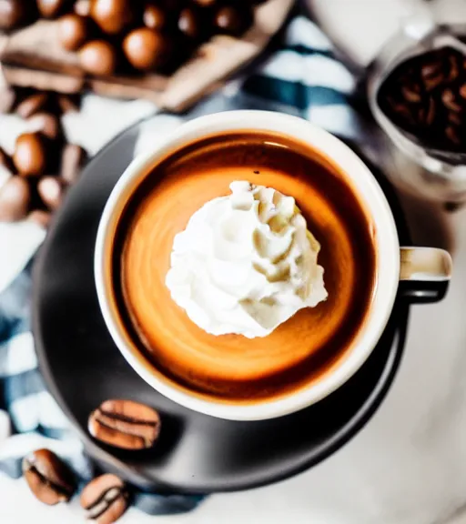 Image similar to a mug of steaming black coffee with a small amount of whipped cream on top, food photography, bokeh!, warm colors