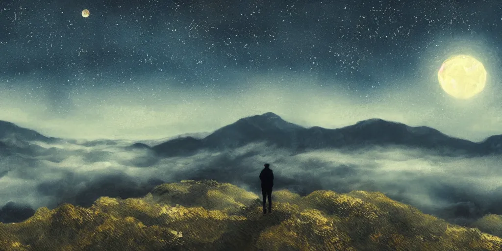 Image similar to landscape, layers, mountain ranges, dark sky, night, style of Van Gogh, moon, stars, milky way, atmospheric, cinematic, photographic, artstation, digital art, small man center standing on mountain, valley mist, fog, hazy, glow