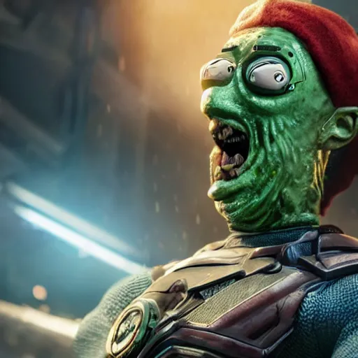 Prompt: pickle rick as superman flying in ( gears of war ), splash art, movie still, detailed face, photorealistic facial features, cinematic lighting, dramatic, octane render, long lens, shallow depth of field, bokeh, anamorphic lens flare, 8 k, hyper detailed, 3 5 mm film grain