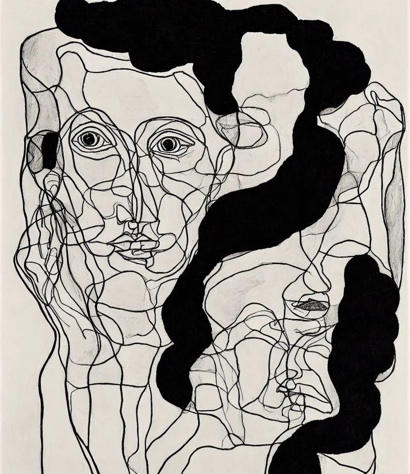 Image similar to detailed line art portrait of georgia o'keeffe, inspired by egon schiele. caricatural, minimalist, bold contour lines, musicality, soft twirls curls and curves, confident personality, raw emotion