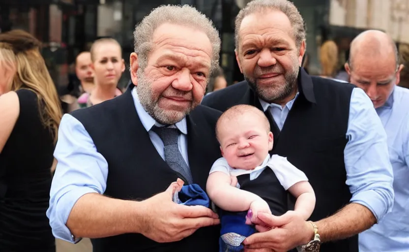 Image similar to alan sugar cradling alan sugar. holding a baby. baby alan sugar. holding in arms. cradling. cradling. happy