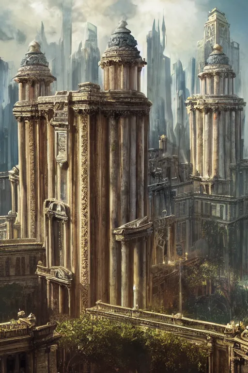 Image similar to gigantic palace, adorned pillars, towers, landscape, alex ross, neal Adams, david finch, concept art, matte painting, highly detailed, rule of thirds, dynamic lighting, cinematic, detailed, denoised, centerd