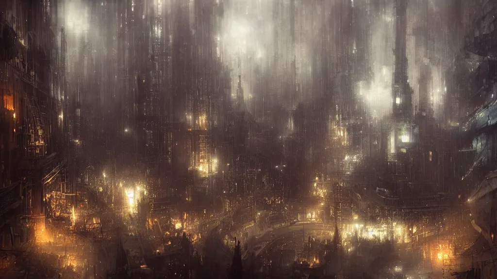 Image similar to technological cityscape deep underground, andreas achenbach, artgerm, mikko lagerstedt, zack snyder, tokujin yoshioka