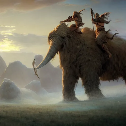 Prompt: Magic The Gathering art action shot of troll warriors riding wooly mammoths in the tundra, drawn by Donato Giancola and Tom Bagshaw, Edmund Leighton, Alphonse Mucha, 4k, volumetric lighting, intense battle scene award winning, octane render, hyperrealistic