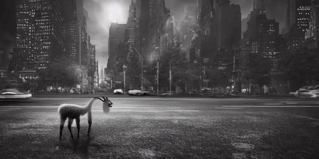 Image similar to a llama walking through a desolate manhattan city street at night, statue of liberty seen in the background, realistic 4 k octane beautifully detailed render, 4 k post - processing, highly detailed, detailed face, intricate complexity, epic composition, magical atmosphere, cinematic lighting, masterpiece, color picture, ultra hd