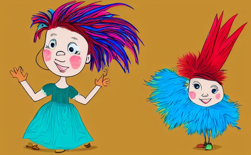 Prompt: little girl with eccentric red hair wearing a dress made of colorful feathers, cartoon art style