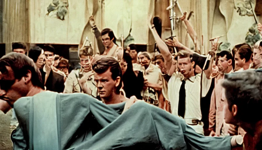 Image similar to 1 9 6 0 s movie still of caligula knifed to death by senators, cinestill 8 0 0 t 3 5 mm, high quality, heavy grain, high detail, dramatic light, ultra wide lens, anamorphic