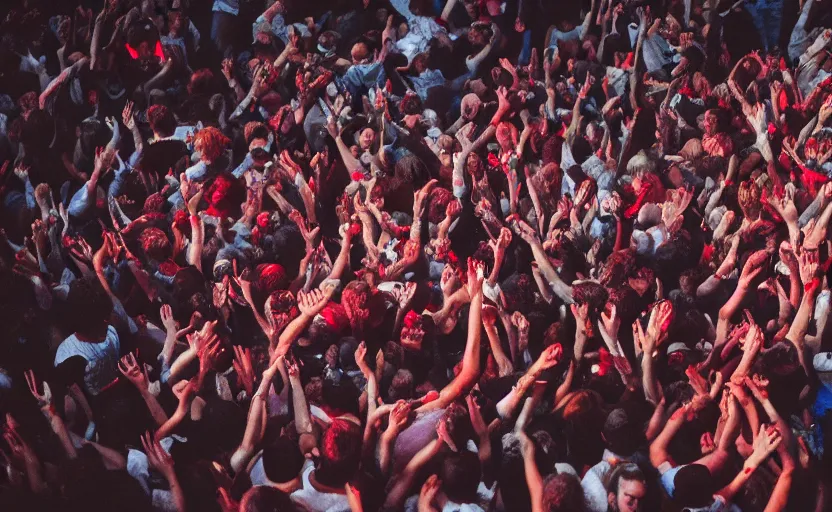 Prompt: medium overhead view picture of a moshpit during a rock concert with red liquid being spelt all over the crowd, Cinestill 800t 18mm, heavy grainy picture, very detailed, high quality, 4k panoramic, HD criterion, dramatic lightning