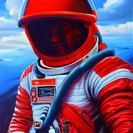 Prompt: among us red astronaut in spaceship painted by zdzisław beksinsk, 4 k, high quality, higly detailed, oil painting