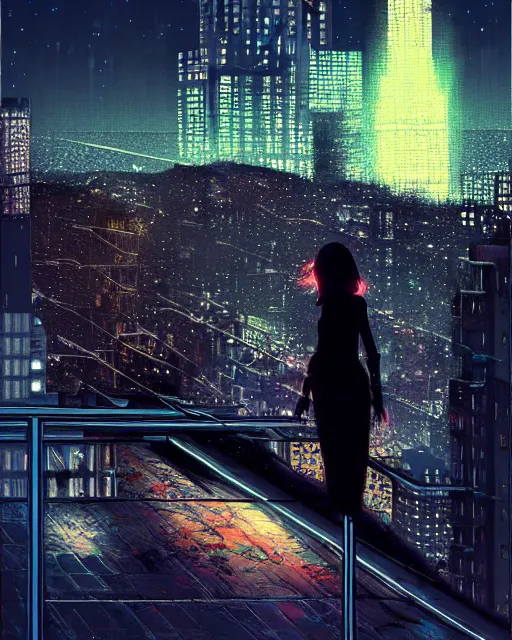 Prompt: a night rooftop scene by Liam Wong, a photorealistic beautiful half cyborg woman by Artgerm and NeoArtCorE on the rooftop looking at the city below, the half cyborg woman is wearing a long trench coat