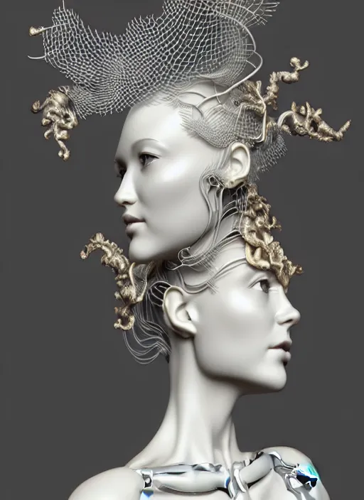 Image similar to complex 3d render ultra detailed of a beautiful porcelain profile woman face, mechanical cyborg, 150 mm, beautiful natural soft light, rim light, mechanical magnolia and ghost orchid big leaves and stems, roots, fine foliage lace, silver and gold details, ornate intricate, maze like, mesh wire hair, intricate details, hyperrealistic, ultra detailed, mandelbrot fractal, anatomical, red lips, white metal neocubism armor, facial muscles, cable wires, microchip, elegant, octane render, H.R. Giger style, 8k