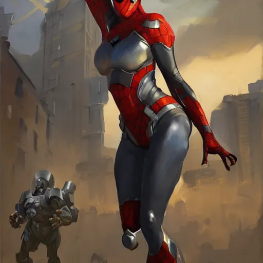 Image similar to greg manchess portrait painting of partially armored female iron spiderman as overwatch character, medium shot, asymmetrical, profile picture, organic painting, sunny day, matte painting, bold shapes, hard edges, street art, trending on artstation, by huang guangjian, gil elvgren, ruan jia, greg rutkowski, gaston bussiere