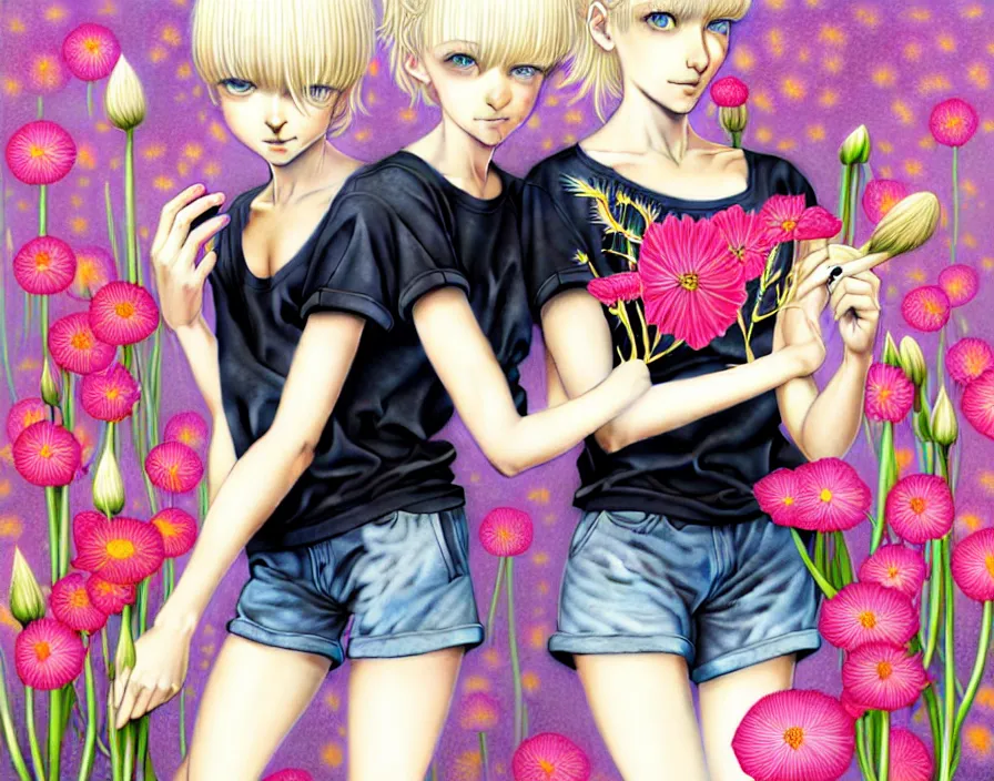 Image similar to richly detailed colored pencil 3D illustration of a beautiful French woman with short bleached blonde hair wearing a long Tshirt and black shorts that is sewing thread drawings of flowers into her thigh. mirrored background with completely rendered reflections, art by Range Murata and Artgerm.