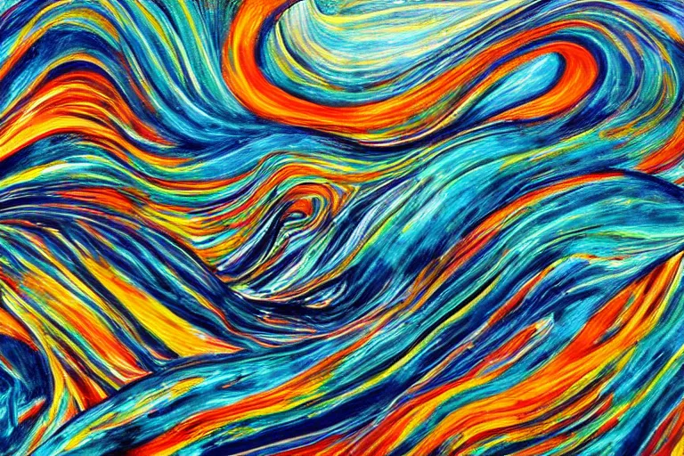 Image similar to A wild, insane, modernist landscape painting. Wild energy patterns rippling in all directions. Curves, organic, zig-zags. Mountains. Clouds. Rushing water. Waves. LSD. DMT