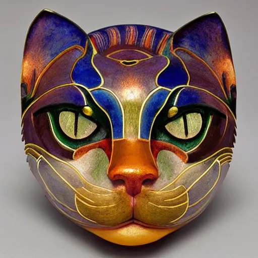 Image similar to cloisonne cat head sculpture, by annie swynnerton and diego rivera and nicholas roerich and jean delville, symbolist, dramatic lighting, god rays, art brut, rich colors, smooth, sharp focus, extremely detailed, adolf wolfli and ( donato giancola and bilibin )