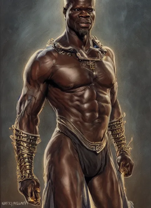 Prompt: Djimon Hounsou as a ruggedly handsome hero, intricate, elegant, highly detailed, centered, digital painting, artstation, concept art, smooth, sharp focus, illustration, art by artgerm and donato giancola and Joseph Christian Leyendecker